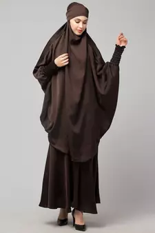 Chocolate Brown Premium Shine Nida  Two pc Khimer & Skirt Ready to wear Instant Hijab cum Naqab Set