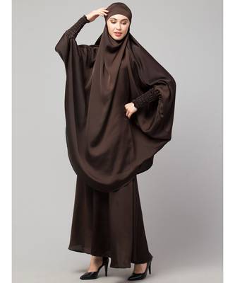 Chocolate Brown Premium Shine Nida  Two pc Khimer & Skirt Ready to wear Instant Hijab cum Naqab Set 3