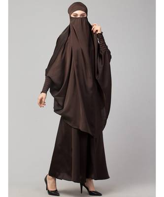 Chocolate Brown Premium Shine Nida  Two pc Khimer & Skirt Ready to wear Instant Hijab cum Naqab Set 4