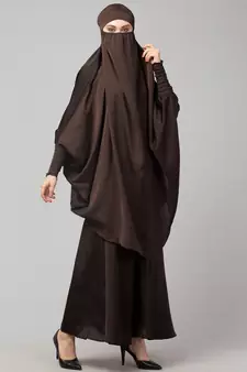 Chocolate Brown Premium Shine Nida  Two pc Khimer & Skirt Ready to wear Instant Hijab cum Naqab Set