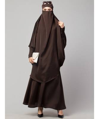 Chocolate Brown Premium Shine Nida  Two pc Khimer & Skirt Ready to wear Instant Hijab cum Naqab Set 5