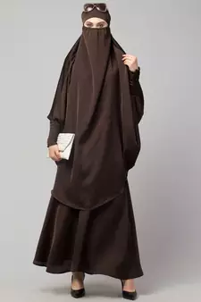 Chocolate Brown Premium Shine Nida  Two pc Khimer & Skirt Ready to wear Instant Hijab cum Naqab Set