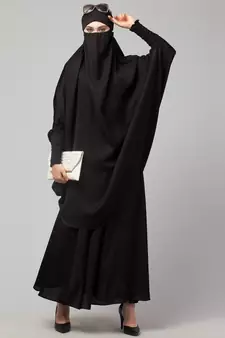 Black Premium Shine Nida  Two pc Khimer & Skirt Ready to wear Instant Hijab cum Naqab Set