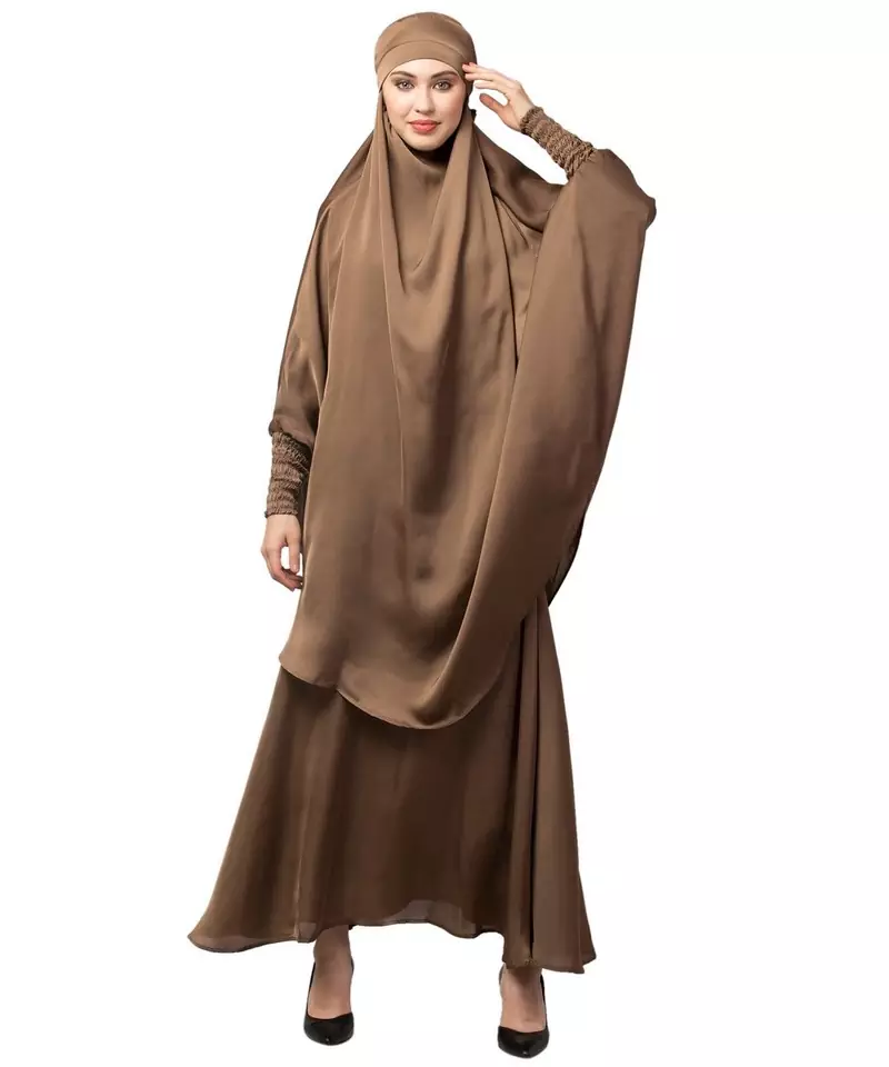 Beige Premium Shine Nida  Two pc Khimer & Skirt Ready to wear Instant Hijab cum Naqab Set