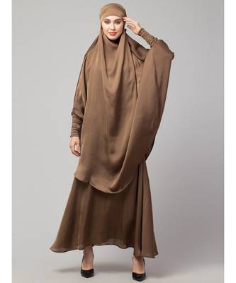 Beige Premium Shine Nida  Two pc Khimer & Skirt Ready to wear Instant Hijab cum Naqab Set 2