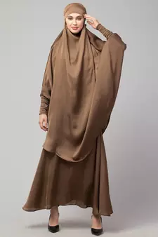 Beige Premium Shine Nida  Two pc Khimer & Skirt Ready to wear Instant Hijab cum Naqab Set