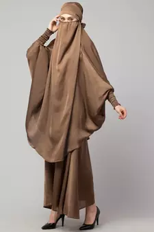 Beige Premium Shine Nida  Two pc Khimer & Skirt Ready to wear Instant Hijab cum Naqab Set