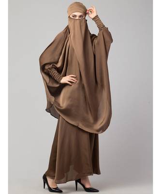 Beige Premium Shine Nida  Two pc Khimer & Skirt Ready to wear Instant Hijab cum Naqab Set 4