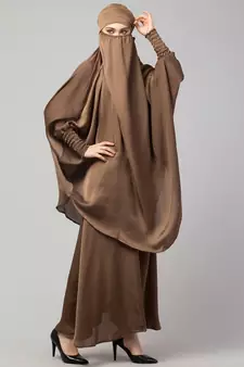 Beige Premium Shine Nida  Two pc Khimer & Skirt Ready to wear Instant Hijab cum Naqab Set