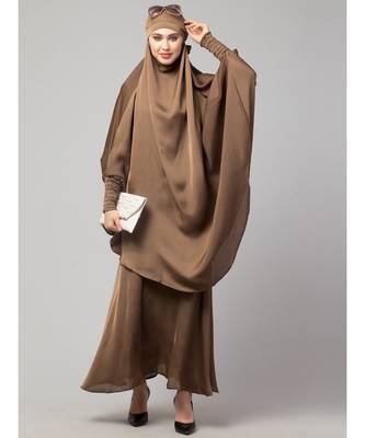 Beige Premium Shine Nida  Two pc Khimer & Skirt Ready to wear Instant Hijab cum Naqab Set 5