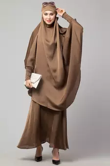 Beige Premium Shine Nida  Two pc Khimer & Skirt Ready to wear Instant Hijab cum Naqab Set