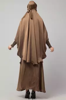 Beige Premium Shine Nida  Two pc Khimer & Skirt Ready to wear Instant Hijab cum Naqab Set