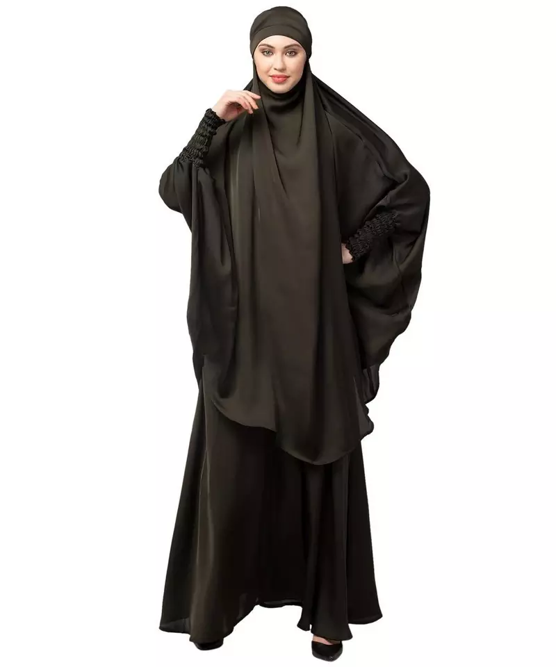 Olive Green Premium Shine Nida  Two pc Khimer & Skirt Ready to wear Instant Hijab cum Naqab Set