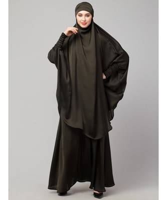 Olive Green Premium Shine Nida  Two pc Khimer & Skirt Ready to wear Instant Hijab cum Naqab Set 2