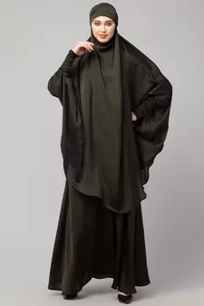 Olive Green Premium Shine Nida  Two pc Khimer & Skirt Ready to wear Instant Hijab cum Naqab Set