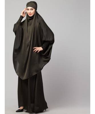 Olive Green Premium Shine Nida  Two pc Khimer & Skirt Ready to wear Instant Hijab cum Naqab Set 3