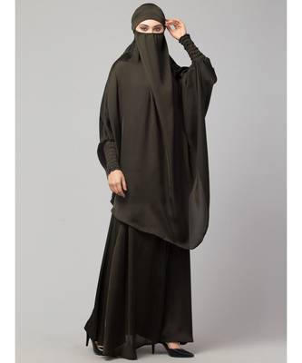 Olive Green Premium Shine Nida  Two pc Khimer & Skirt Ready to wear Instant Hijab cum Naqab Set 4