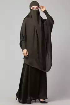 Olive Green Premium Shine Nida  Two pc Khimer & Skirt Ready to wear Instant Hijab cum Naqab Set