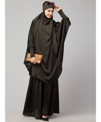 Olive Green Premium Shine Nida  Two pc Khimer & Skirt Ready to wear Instant Hijab cum Naqab Set 6