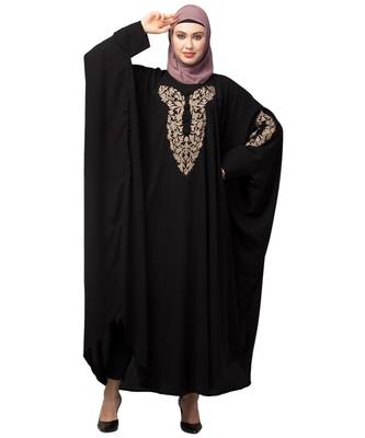Black Matt Nida Neck and Sleeve Embroidery with Cuff free Size  Kaftan 1