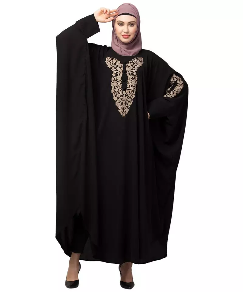 Black Matt Nida Neck and Sleeve Embroidery with Cuff free Size  Kaftan