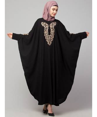 Black Matt Nida Neck and Sleeve Embroidery with Cuff free Size  Kaftan 2