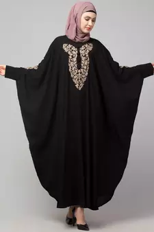 Black Matt Nida Neck and Sleeve Embroidery with Cuff free Size  Kaftan