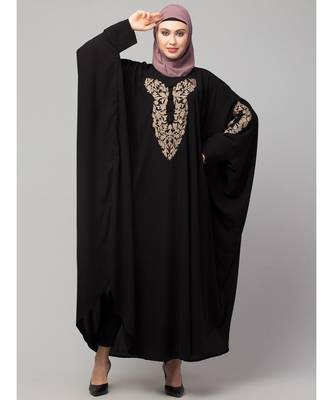 Black Matt Nida Neck and Sleeve Embroidery with Cuff free Size  Kaftan 3