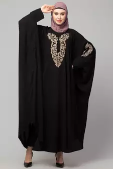 Black Matt Nida Neck and Sleeve Embroidery with Cuff free Size  Kaftan