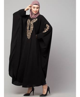 Black Matt Nida Neck and Sleeve Embroidery with Cuff free Size  Kaftan 4