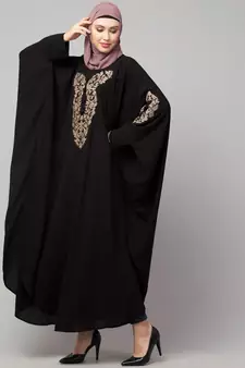 Black Matt Nida Neck and Sleeve Embroidery with Cuff free Size  Kaftan