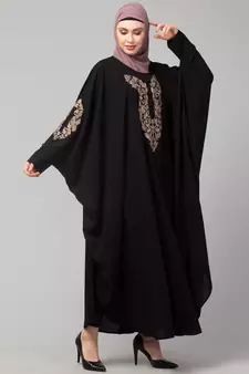 Black Matt Nida Neck and Sleeve Embroidery with Cuff free Size  Kaftan