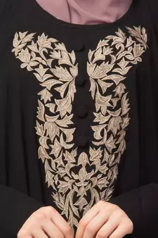 Black Matt Nida Neck and Sleeve Embroidery with Cuff free Size  Kaftan