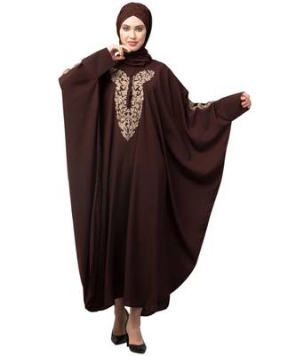 Brown Matt Nida Neck and Sleeve Embroidery with Cuff free Size  Kaftan 1