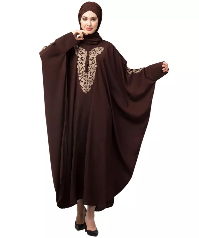 Brown Matt Nida Neck and Sleeve Embroidery with Cuff free Size  Kaftan