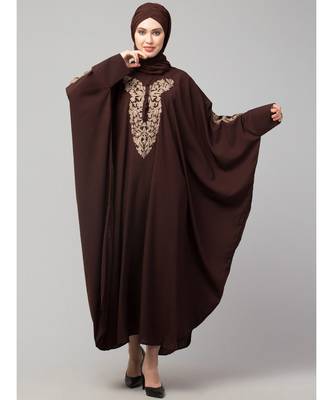 Brown Matt Nida Neck and Sleeve Embroidery with Cuff free Size  Kaftan 2