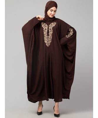 Brown Matt Nida Neck and Sleeve Embroidery with Cuff free Size  Kaftan 3