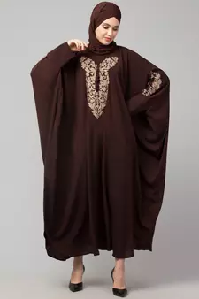 Brown Matt Nida Neck and Sleeve Embroidery with Cuff free Size  Kaftan