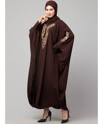 Brown Matt Nida Neck and Sleeve Embroidery with Cuff free Size  Kaftan 4