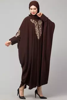 Brown Matt Nida Neck and Sleeve Embroidery with Cuff free Size  Kaftan