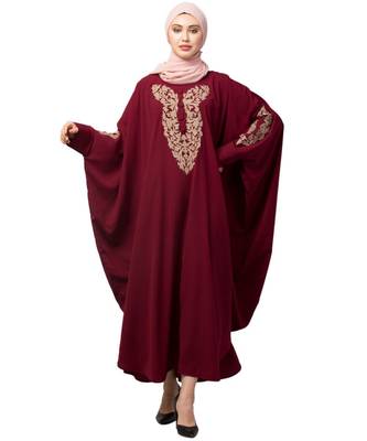 Maroon Matt Nida Neck and Sleeve Embroidery with Cuff free Size  Kaftan 1