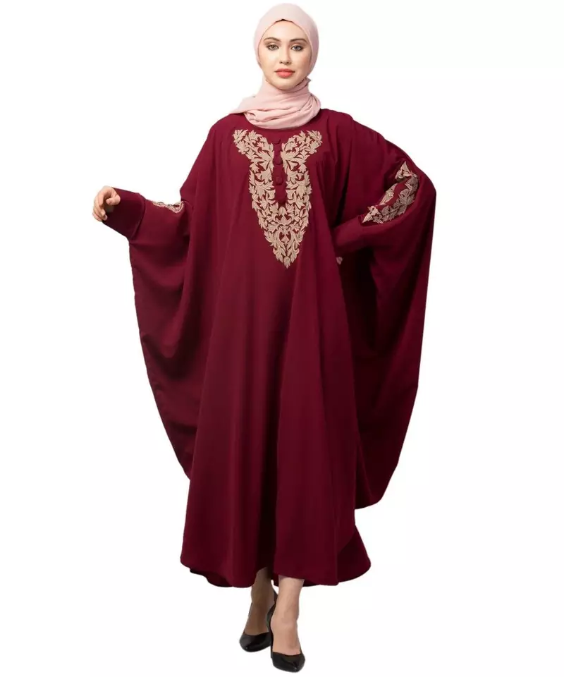 Maroon Matt Nida Neck and Sleeve Embroidery with Cuff free Size  Kaftan