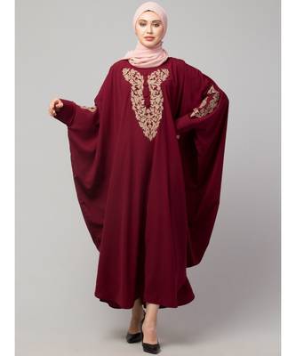 Maroon Matt Nida Neck and Sleeve Embroidery with Cuff free Size  Kaftan 2