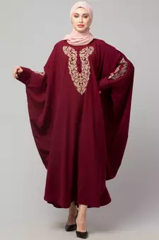 Maroon Matt Nida Neck and Sleeve Embroidery with Cuff free Size  Kaftan