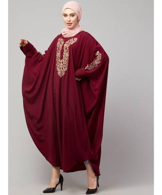 Maroon Matt Nida Neck and Sleeve Embroidery with Cuff free Size  Kaftan 3