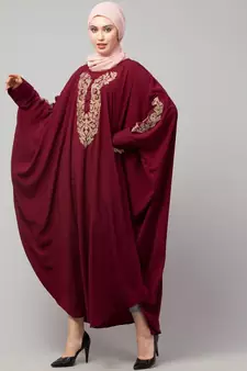 Maroon Matt Nida Neck and Sleeve Embroidery with Cuff free Size  Kaftan