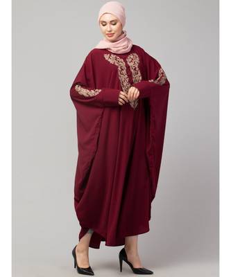Maroon Matt Nida Neck and Sleeve Embroidery with Cuff free Size  Kaftan 4