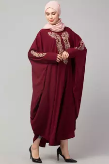 Maroon Matt Nida Neck and Sleeve Embroidery with Cuff free Size  Kaftan