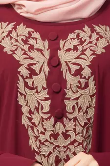 Maroon Matt Nida Neck and Sleeve Embroidery with Cuff free Size  Kaftan