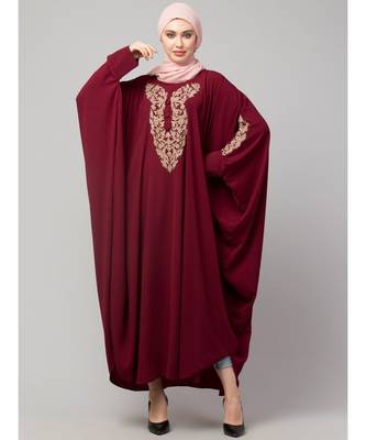 Maroon Matt Nida Neck and Sleeve Embroidery with Cuff free Size  Kaftan 6